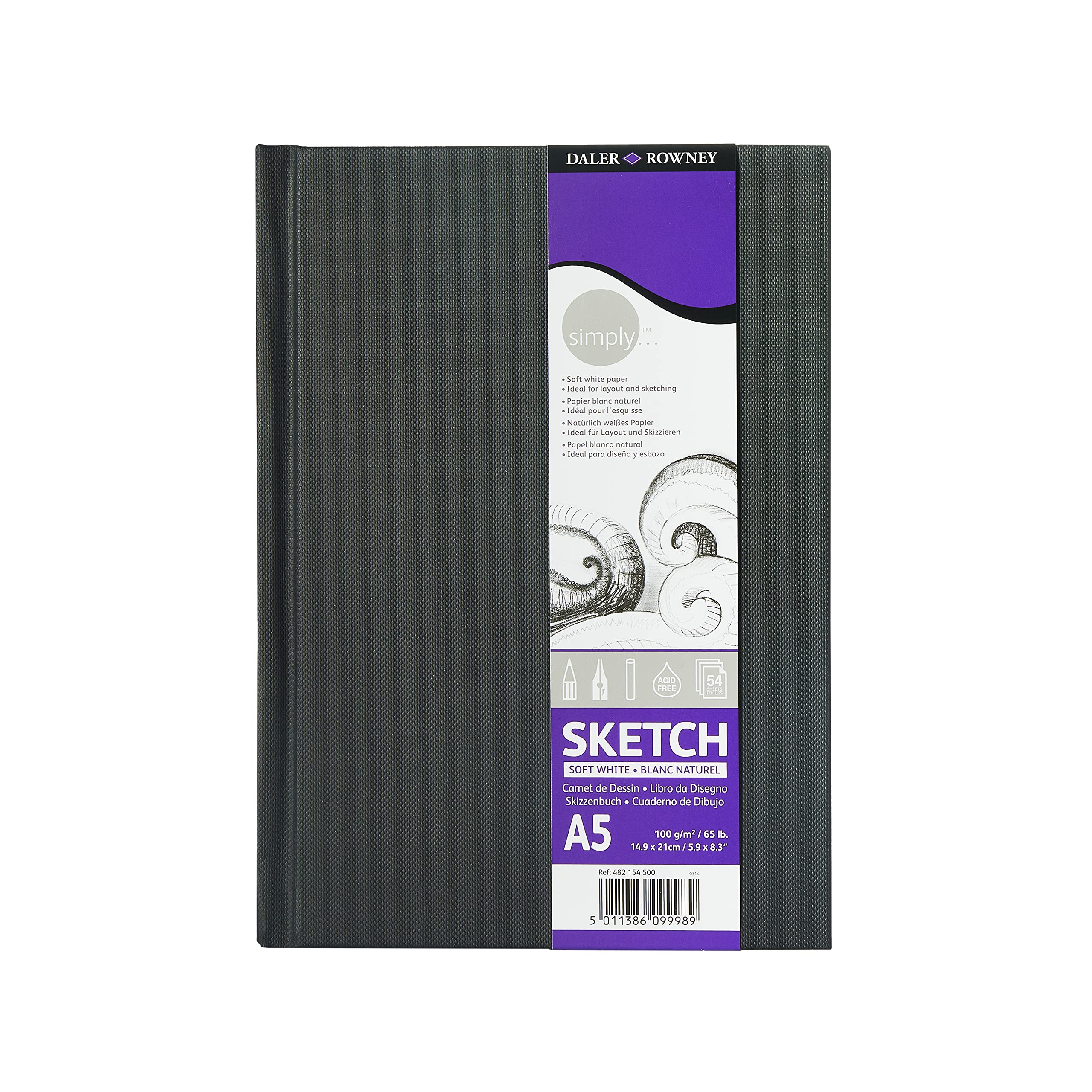 Daler-Rowney Simply Medium Grain 100gsm Hardback A5 Sketchbook, Soft White, 54 Sheets, Entry-Level Sketchpad, For Entry-Level Artists & Hobbyists