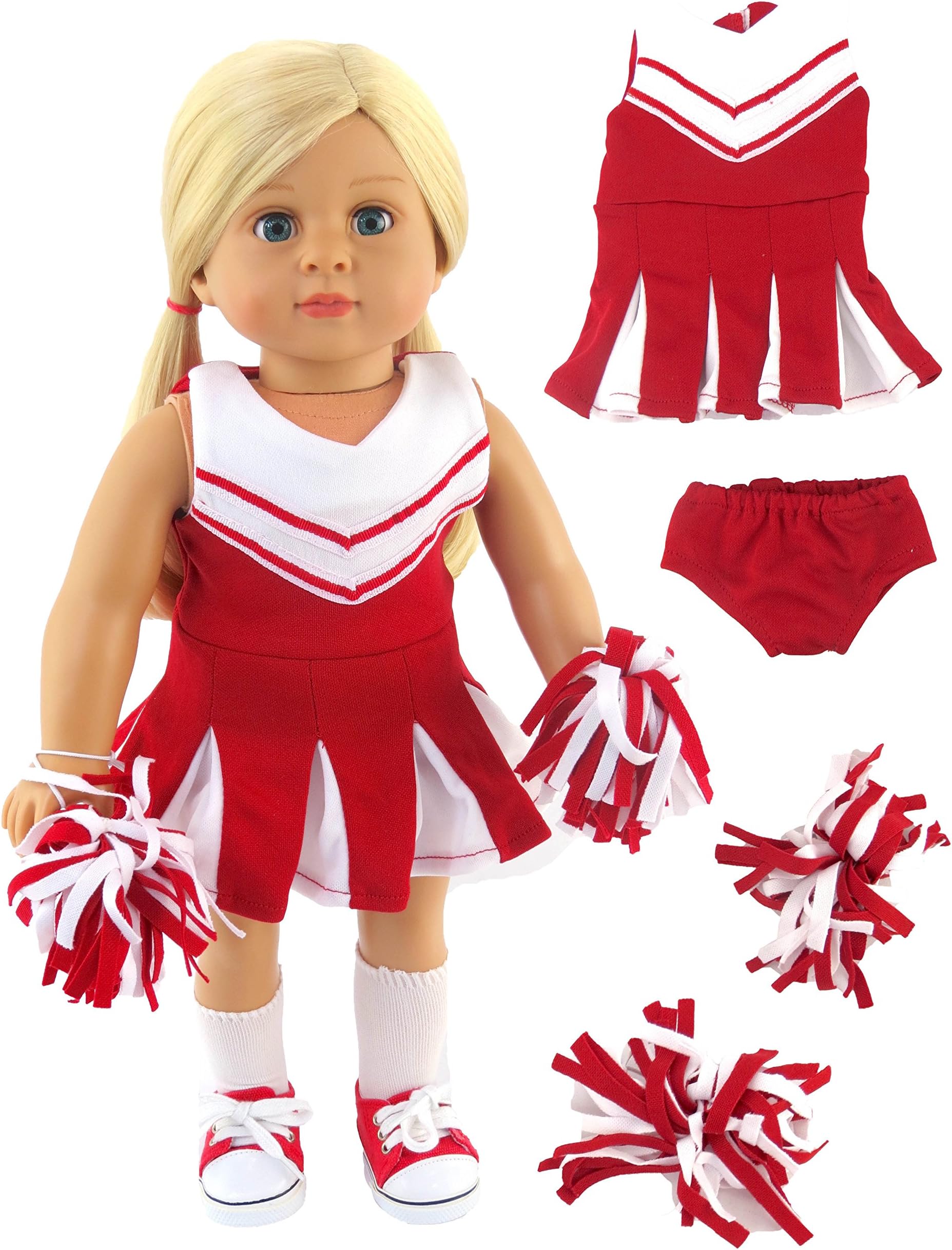 Red and White Doll Cheerleader Cheerleading Outfit Uniform | Fits 18" American Girl Dolls, Madame Alexander, Our Generation, etc. | 18 Inch Doll Clothes