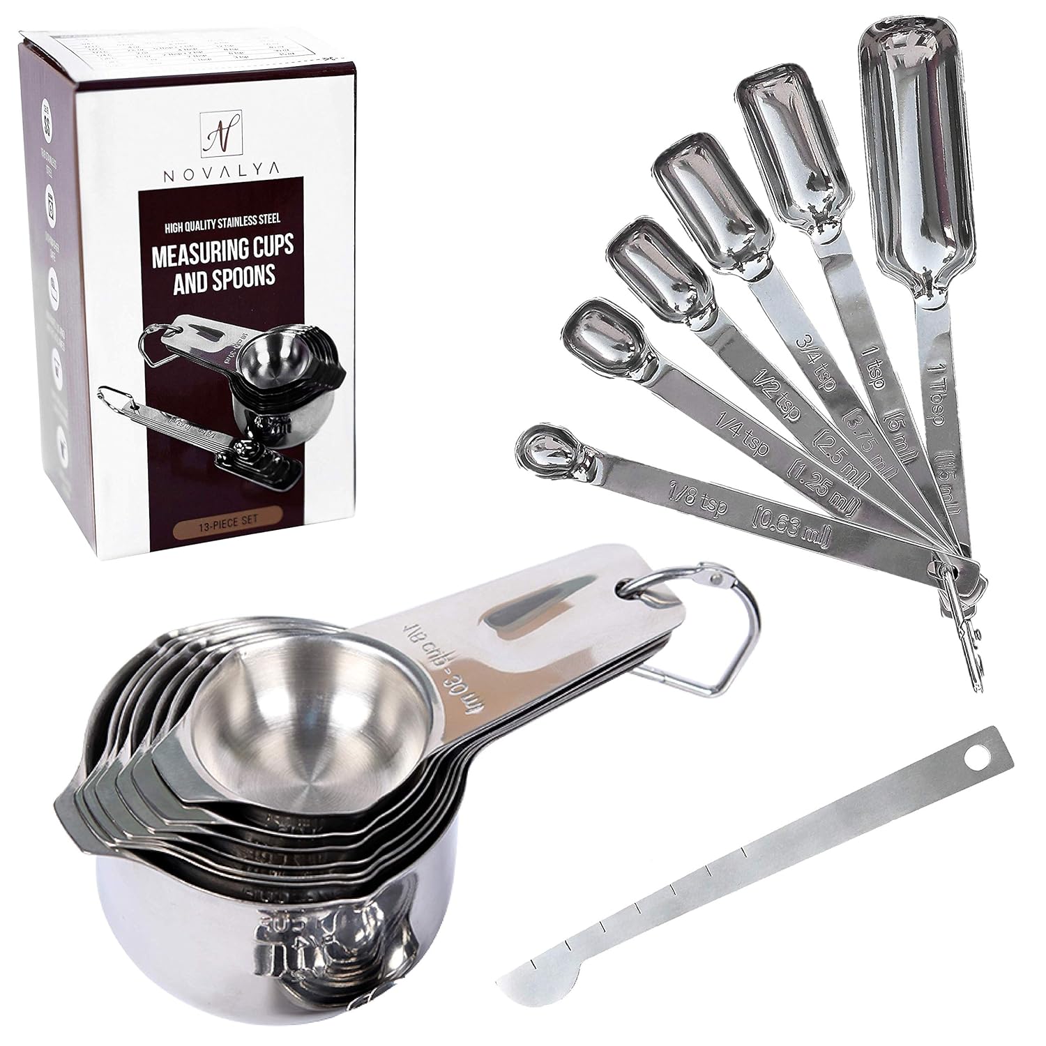 Stainless Steel Measuring Cup and Spoon Set by Novalya &ndash; 13 Pcs: 7 Nesting Cups and 6 Stackable Spoons - Bonus 1 Leveler - Durable Cookware and Bakeware Tools - Dry and Liquid Ingredients