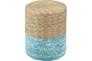 Cplxroc Ottoman Pouf, Natural Seagrass Poufs, Hand Weave Round Footstool, Pouffe Accent Chair, Sitting Braided Footrest Coffee Table Ottoman, for Living Room, Bedroom (Lake Blue)