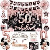 50th Birthday Decorations for Women, 32pcs 50th Birthday Party Decorations, Including Backdrop, Crown, Sash, banner, Hanging Swirl, Cake Topper, balloons, Paper Fans, Anniversary Card and paper fans