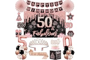 50th Birthday Decorations for Women,32pcs 50th Birthday Party Decorations,Including Backdrop, Crown,Sash,banner, Hanging Swir