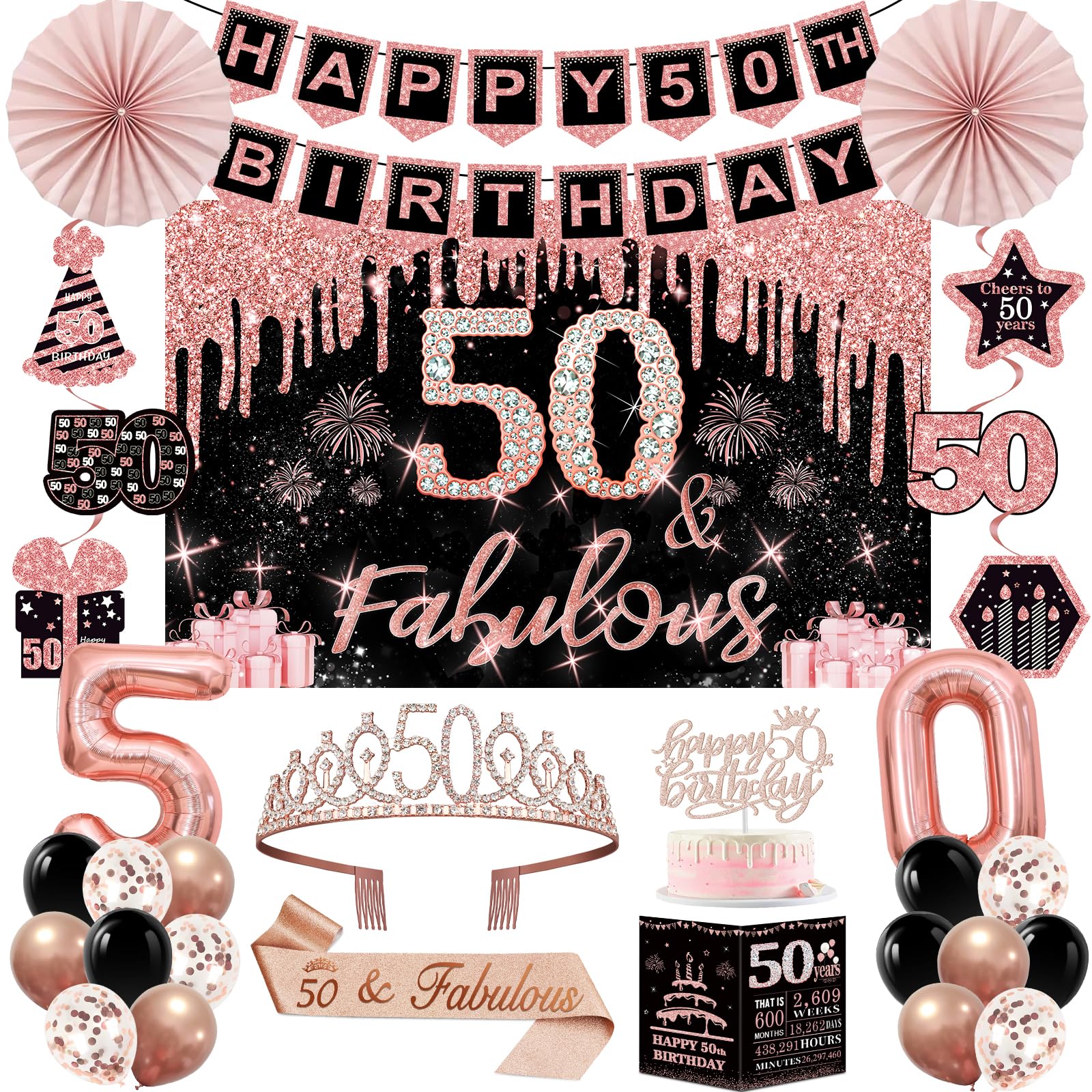 Photo 1 of 50th Birthday Decorations for Women,32pcs 50th Birthday Party Decorations,Including Backdrop, Crown, Sash, banner, Hanging Swirl,Cake Topper,balloons,Paper Fans,Anniversary Card and paper fans