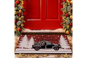 Lanpn Christmas Welcome Natural Coir Door Mat, Truck Lorry Coco Front Door Outdoor Doormat Outside Entrance Porch Non Slip Rubber Rug Winter Xmas Farmhouse Decor (Red, 30x17 inch)