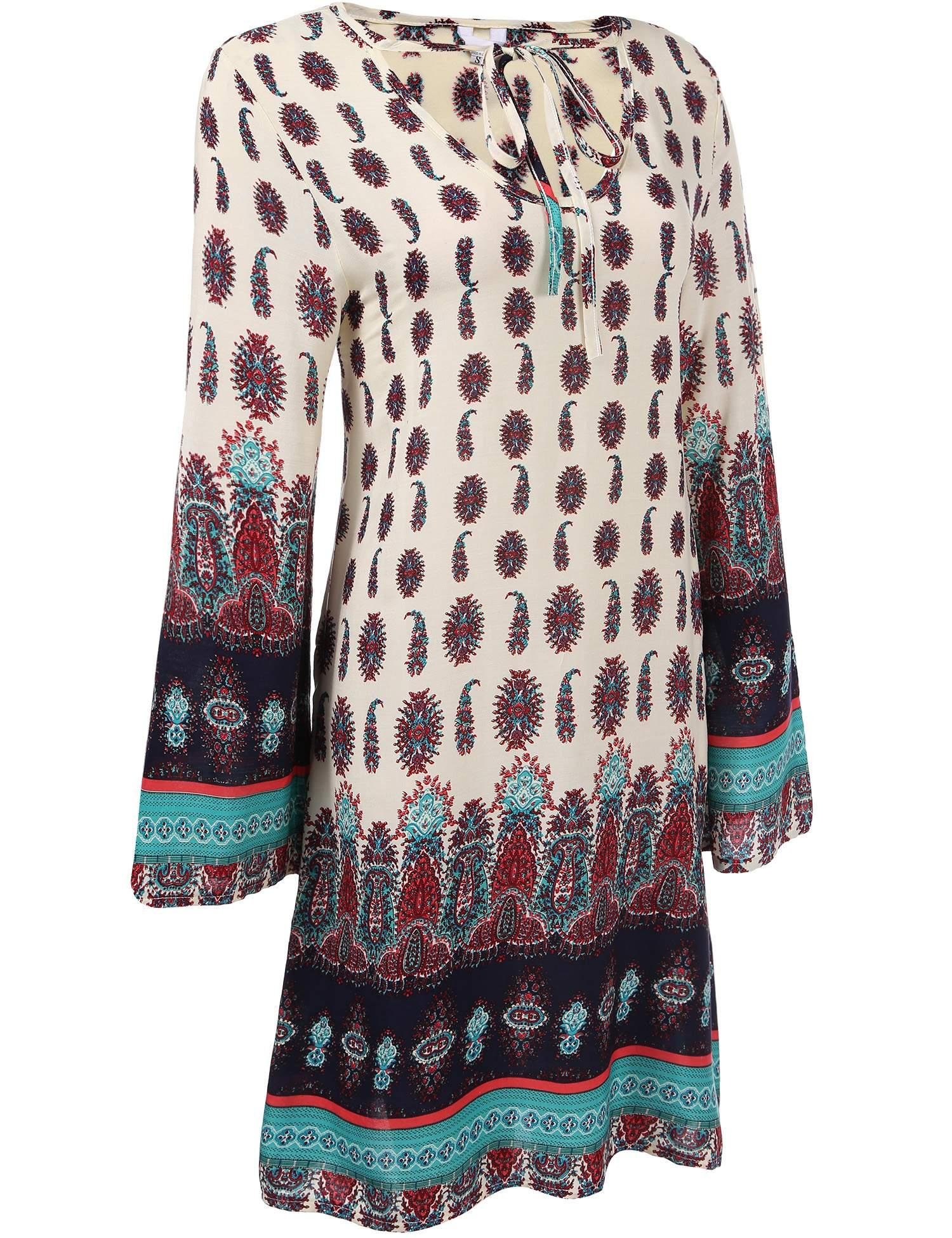 Meaneor Women Bohemian Vintage Printed Ethnic Style Loose Casual Tunic Dress Beige L