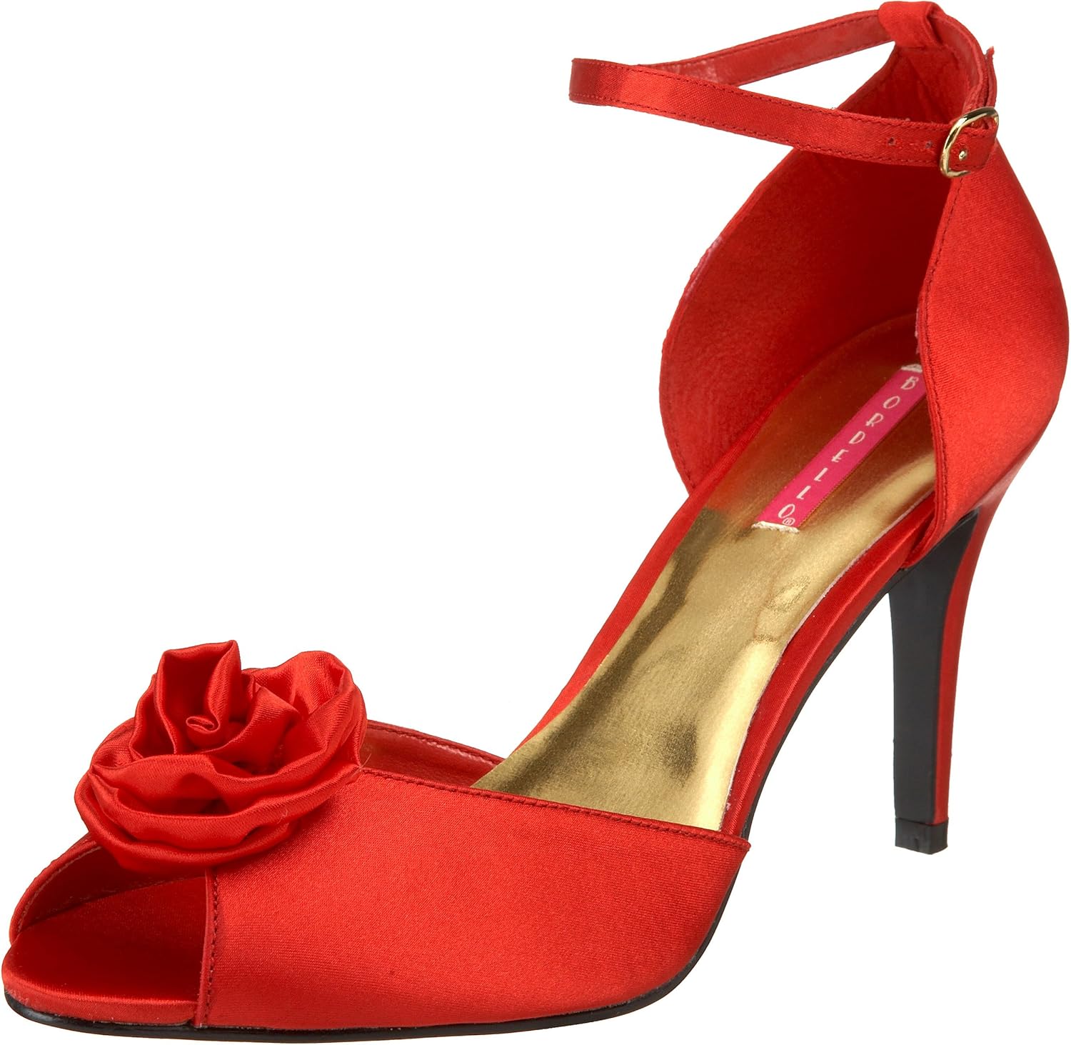 red satin peep toe heels