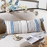 BlissBlush 14x36 Lumbar Pillow Cover for Bed, Rectangular Long Decorative Throw Pillowcase, Boho Accent Cushion with Blue Tuf