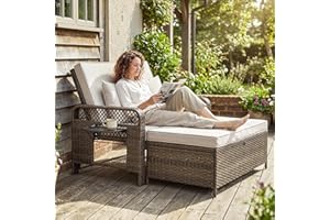 Outsunny 2 Pieces Patio Lounge Chair Set with Cushions, PE Wicker Outdoor Chaise Lounge with Adjustable Backrest, Side Trays 