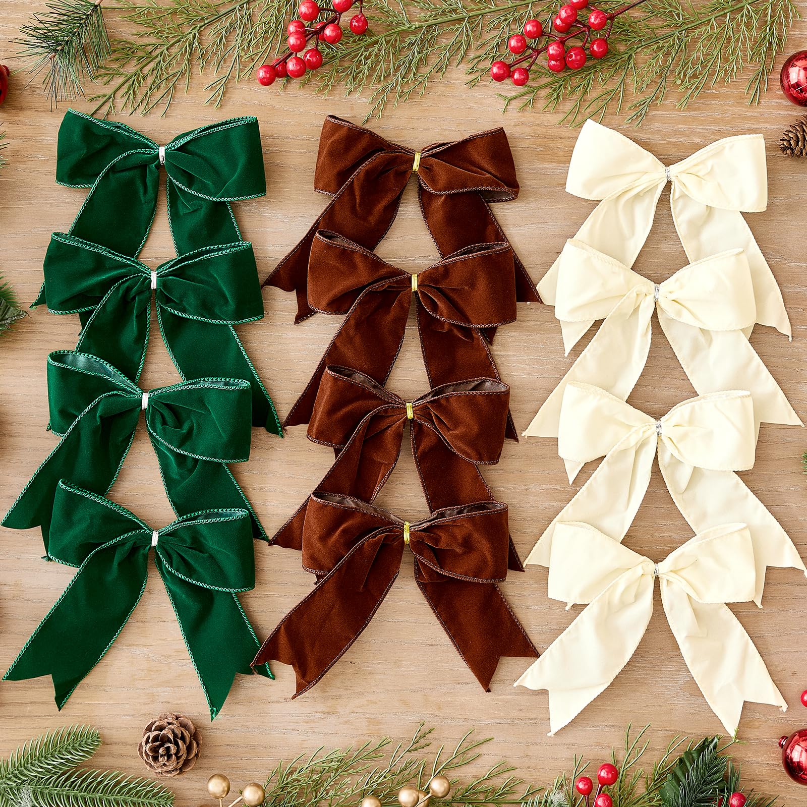 Photo 1 of 12 PCS Velvet Christmas Bows 5.9 inch, Christmas Bows for Tree, Wreaths, Garland & Gifts (Green, Brown, Cream White)