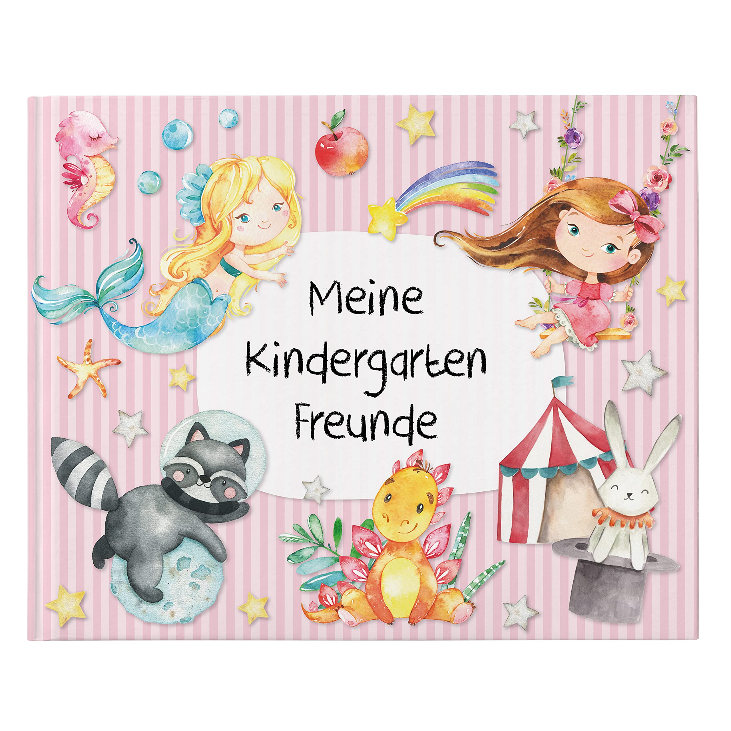 Papierdrachen High-Quality Friendship Book for Children - Nursery Friends - Pink - Poetry Album with Mermaid, Princess & Dinos - for 27 Friends - Colourful Child-friendly Design