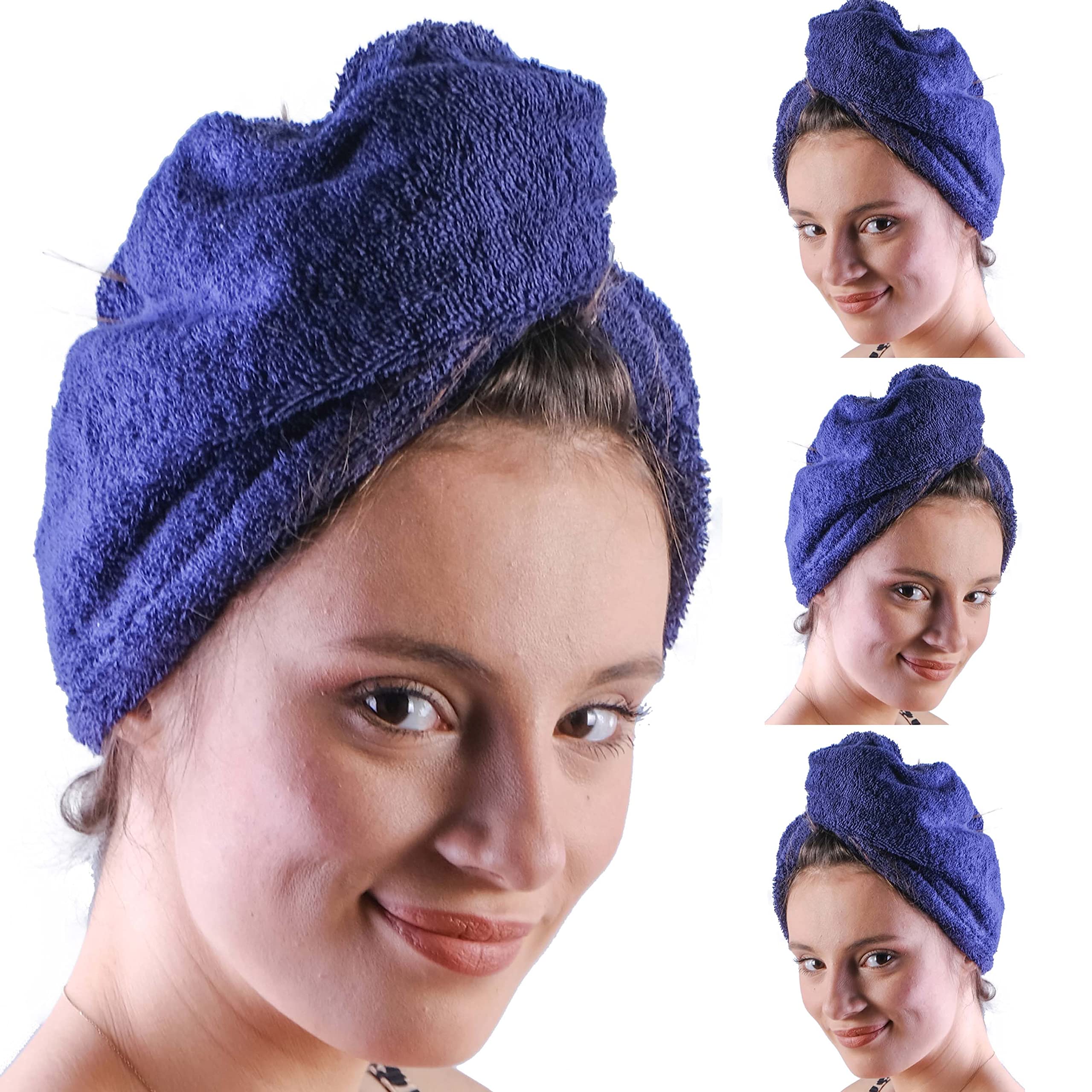 LLAMAXY 100% Pure Organic Cotton Hair Towel - Quick Dry Turban Wrap for Adults and Children - 3 Pack Blue