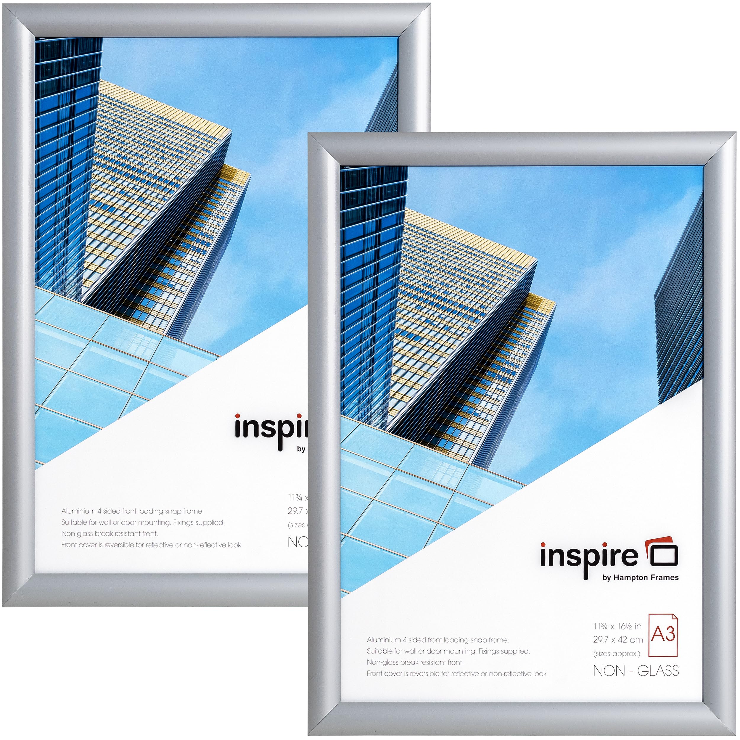 inspire by Hampton Frames | Snap Frame Pack of 2 | A3 (30x42cm), Silver, Rectangular, Acrylic Front | Easy Change, Wall Mountable, Lightweight | Display Posters and Certificates
