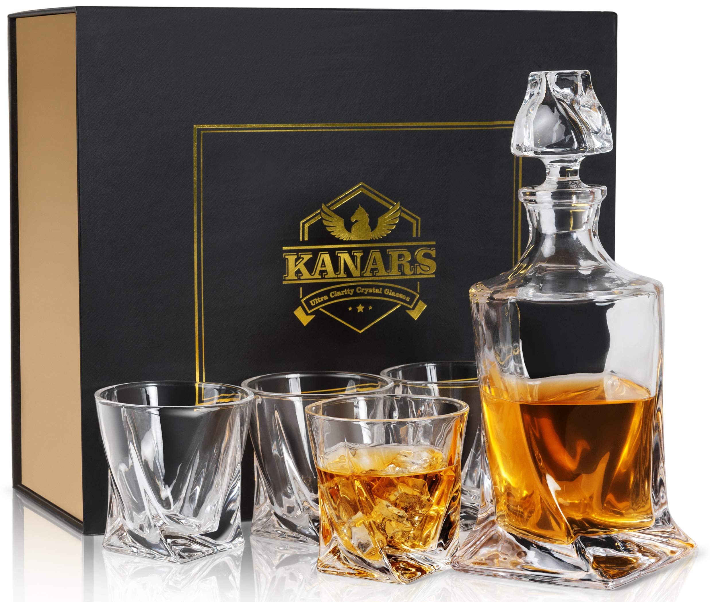 KANARS Whiskey Decanter and Glasses Set, 800 ml No-Lead Crystal Whiskey Decanter with 4 Whisky Glasses 300 ml, Unique Stylish Gift Box, 5-Pieces