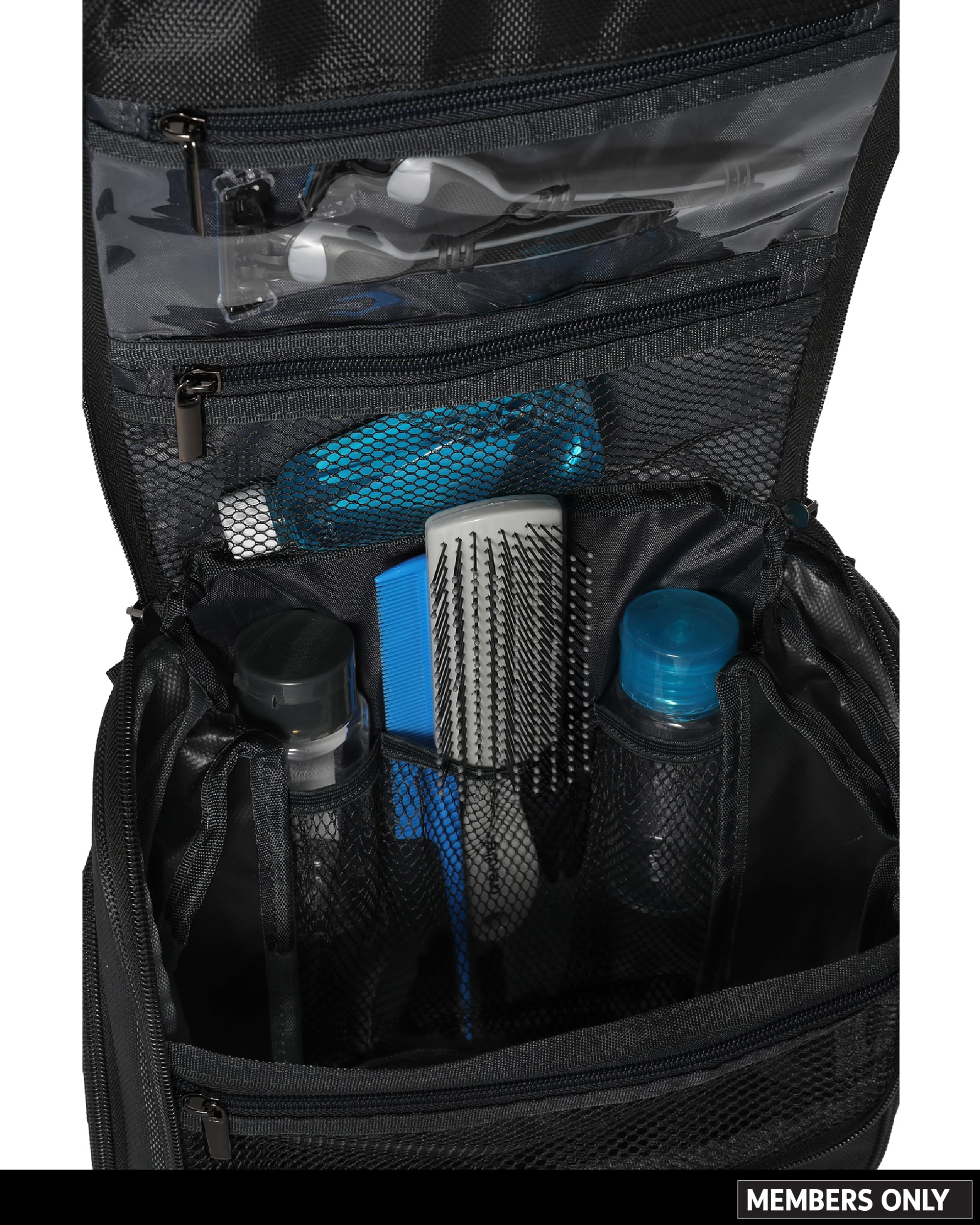 Members Only Hanging Toiletry Bag with Rotating Hook, Black Toiletry Organizer, Bathroom Bag