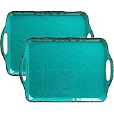 LEHAHA Large Farmhouse Melamine Serving Platters, Serving Tray with Handle for Food, Appetizer, Cupcakes, Dessert, Raised Edge Large Party Platter or TV Dinner Trays, 17.25x12 inch, Set of 2, Teal