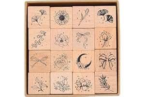 Cliocoo 16cs Wood Rubber Stamp Set, Botanical Decorative Wooden Stamp Set, Bowknot Flower Leaf Stamp for Art Craft, Journal, Diary, Scrapbook, Planner, Letter, Card Making M-26 (2-Bowknot Flower)
