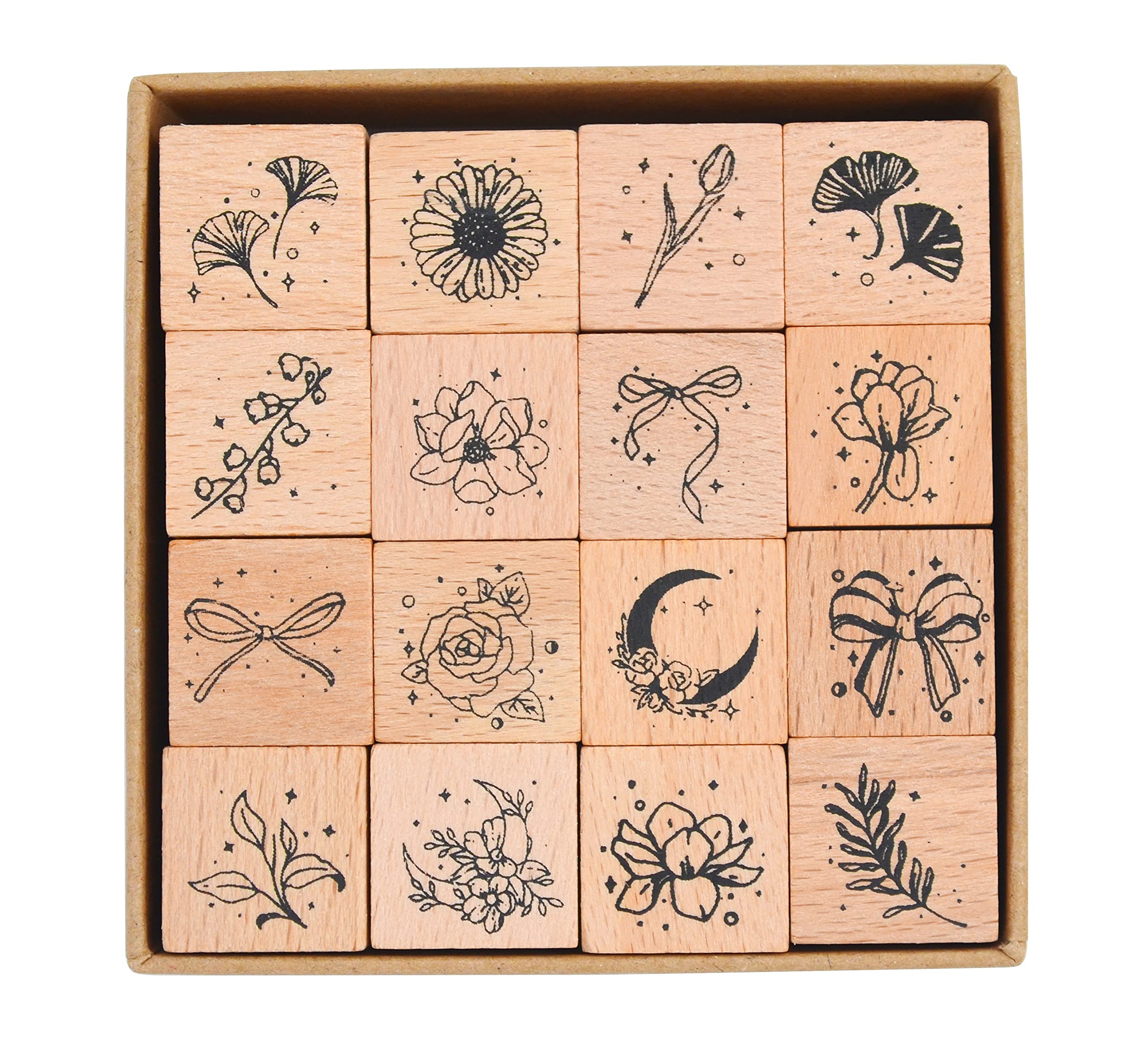 Cliocoo 16pcs Moon&Star Wood Rubber Stamp Set M-26 (2-Bowknot Flower)