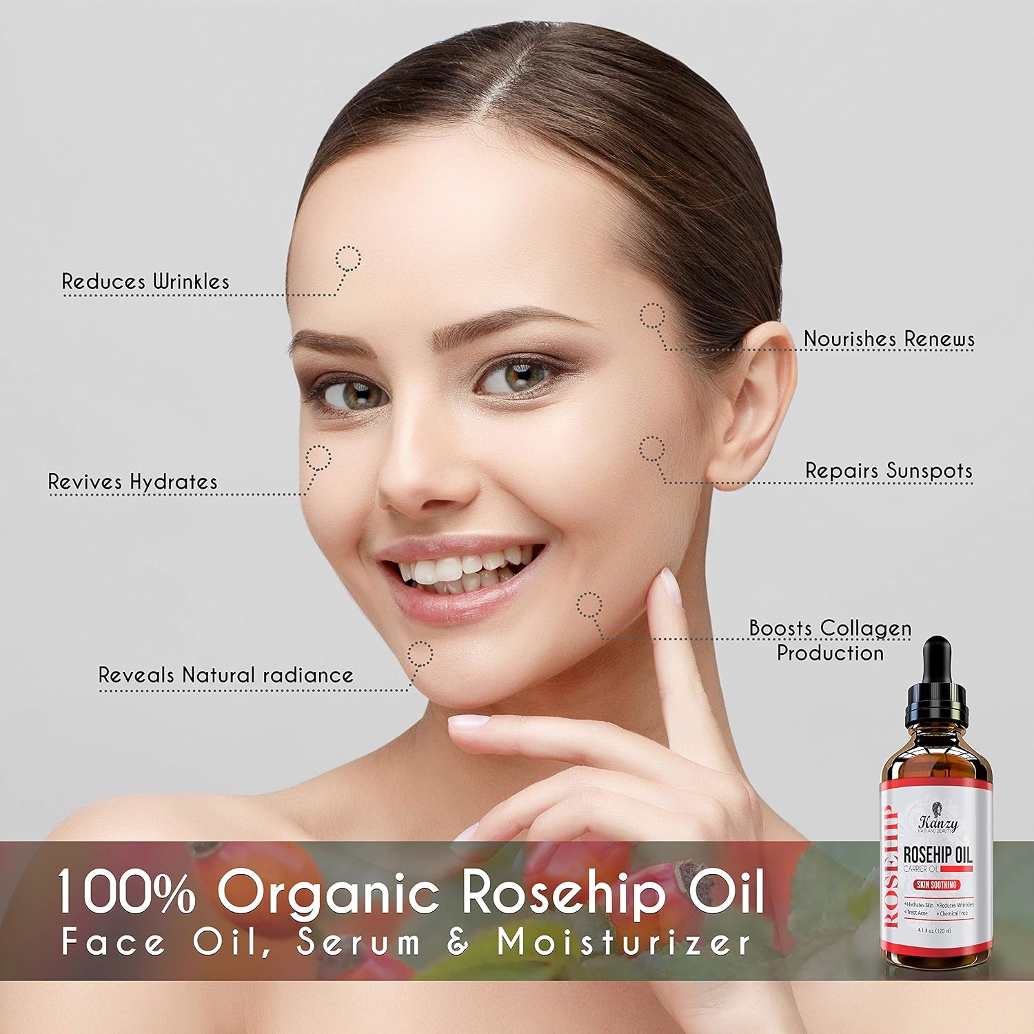 Kanzy Rosehip Oil for Face 120ml Rosehip Oil Cold Pressed Rose Hip Oil for Face 100% Pure Vegan Cruelty Free for Skin Hair - Image 4
