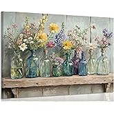 1Pcs Framed Rustic Farmhouse Floral Canvas Wall Art Enchanting Wildflowers Poster Print Vintage colored glass bottle picture printing Wooden Background Wall Decor for Bathroom Living Room decoration