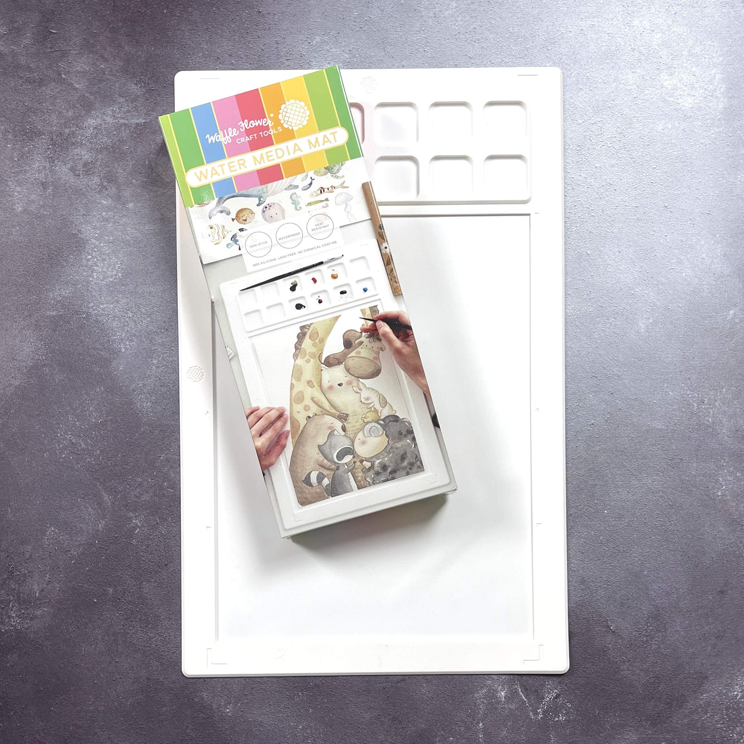 Waffle FlowerWater Media Mat - Matte White Silicone Mat with 12 Palette Squares for Watercolors & Mixed-Media! Non-Slip, Waterproof, Heat-Resistant, Non-Stick, Non-Reflective. 9x12in Enclosed Area
