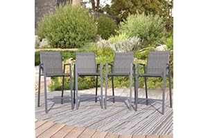 STABRECH Outdoor Bar Stools Set of 4, 44'' Patio Bar Chairs with Textile High Back, Bar Height Chairs with Straight Armrest and Footrest, Grey