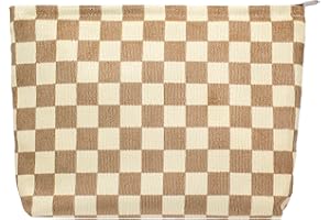 PAZIMIIK Makeup Bag Large Zipper Corduroy Make Up Pouch for Purse Travel Canvas Cosmetic Organizer for Women Brush Storage,Checkered Light Brown
