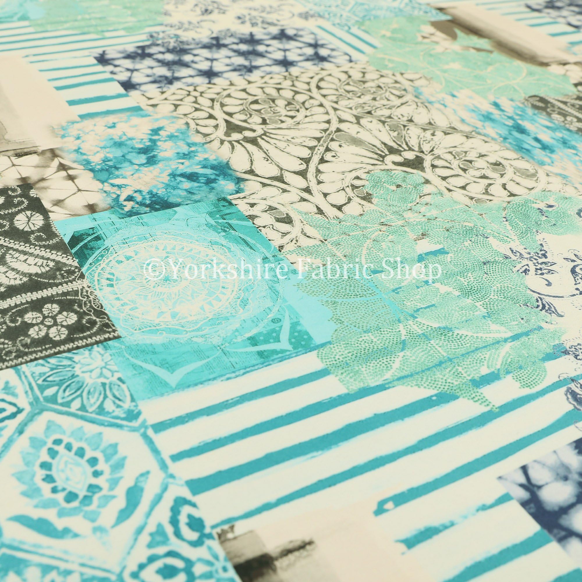 Aqua Teal Blue Full Patchwork Pattern Printed Velour Velvet Upholstery Fabrics (Per Metre)