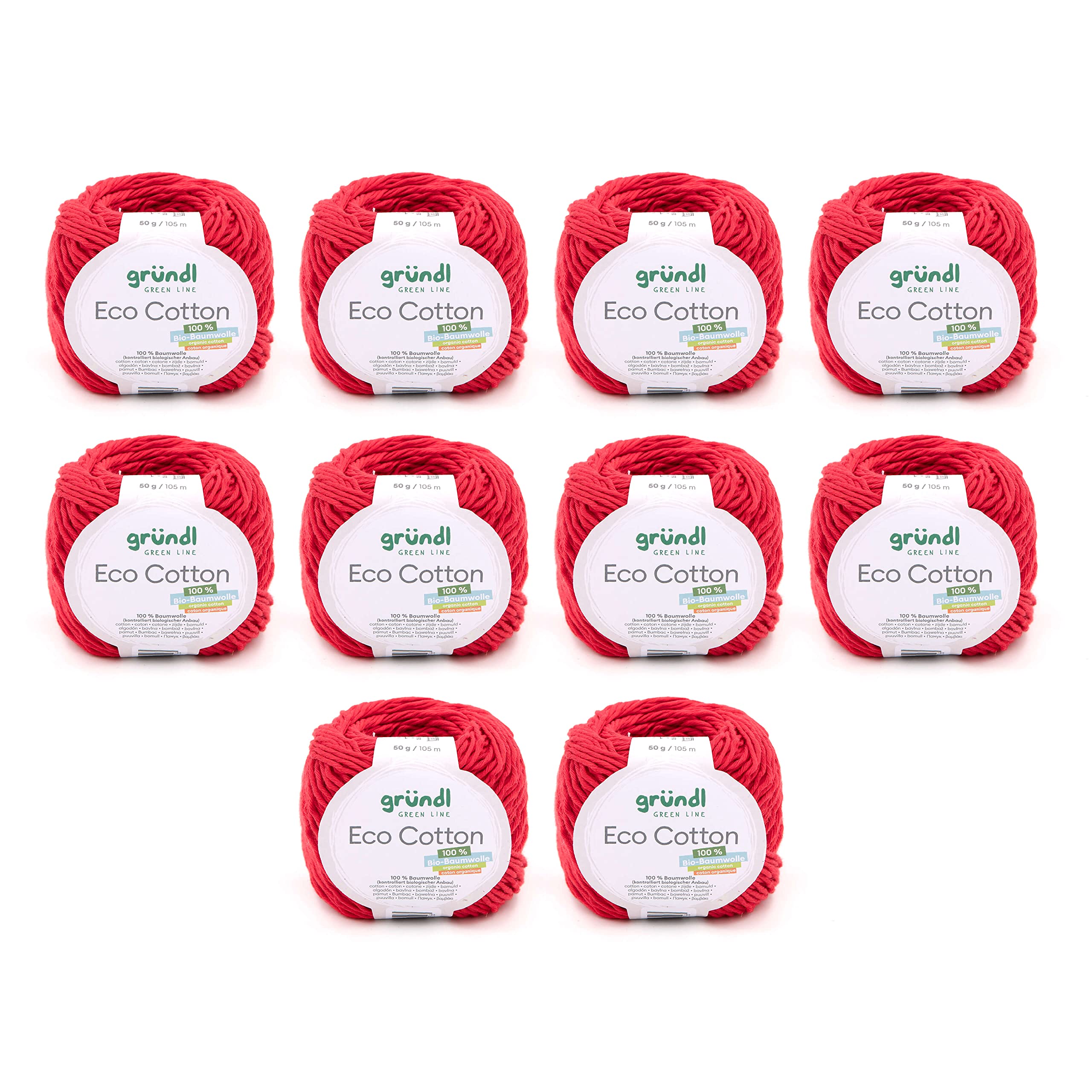 Gründl Eco Cotton Wool - Wool for Crochet - Wool for Knitting - Crochet Yarn - Soft and Skin Friendly - 100% Organic Cotton - 10 Balls 50 g / 105 m - Needle Size 3.5-4.5 - Cherry Red