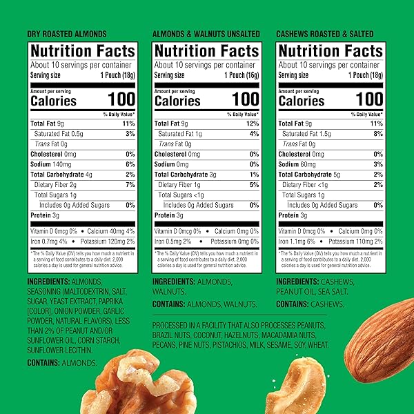 EMERALD NUTS MIXED NUTS VARIETY PACK 18CT (1-PACK) , 100-CALORIE INDIVIDUAL PACKS , FEATURES DRY ROASTED ALMONDS, NATURAL ALMONDS & WALNUTS, AND ROASTED & SALTED CASHEWS