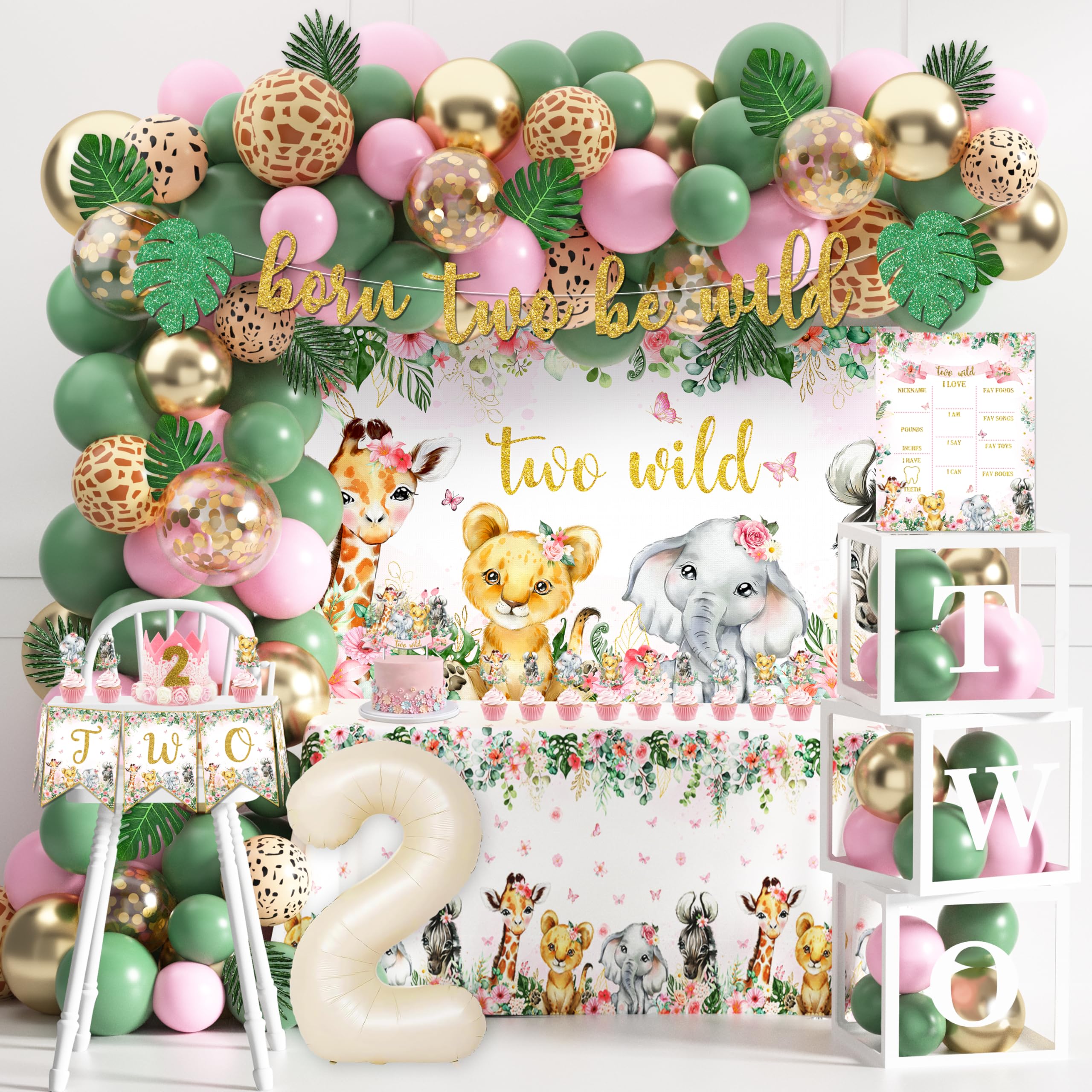 Photo 1 of Two Wild Jungle 2nd Birthday Party Decorations Kit - Complete Animal Theme Supplies for 2 Year Old with Balloon Garland, Backdrop, Tablecloth & Banner (Pink)