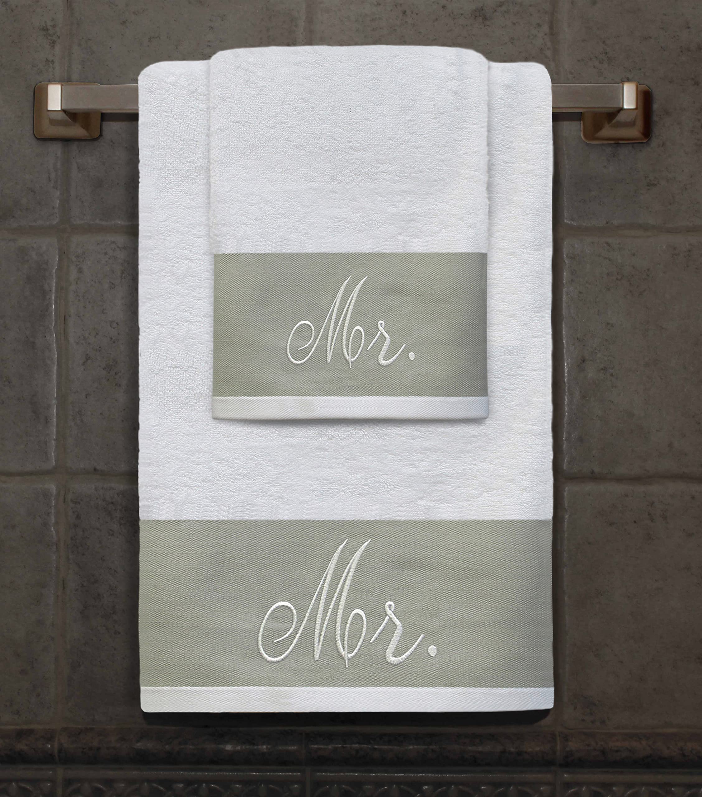 Premium Hotel & Spa Mr 2 Piece Towel Set - Perfect for Wedding, Anniversary, Engagement - 1 Bath and 1 Hand Towel 100% Cotton Luxurious Embroidered Soft and Highly Absorbent (White, Mr)