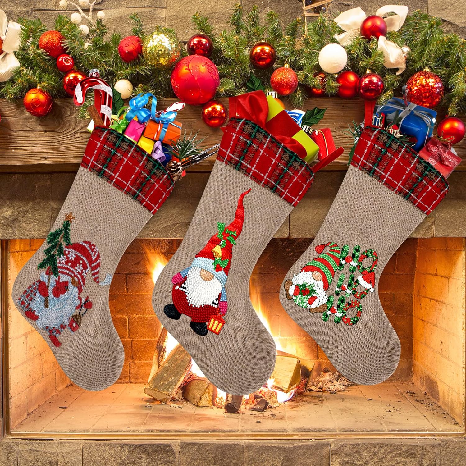 Stockings & Holders - 3 Pcs Christmas Diamond Painting Stockings 5D DIY Gnomes Diamond Art Christmas Candy Storage Fireplace Hanging Stocking Personalized Present Stockings Christmas Gnomes Decorations for Holiday Favor