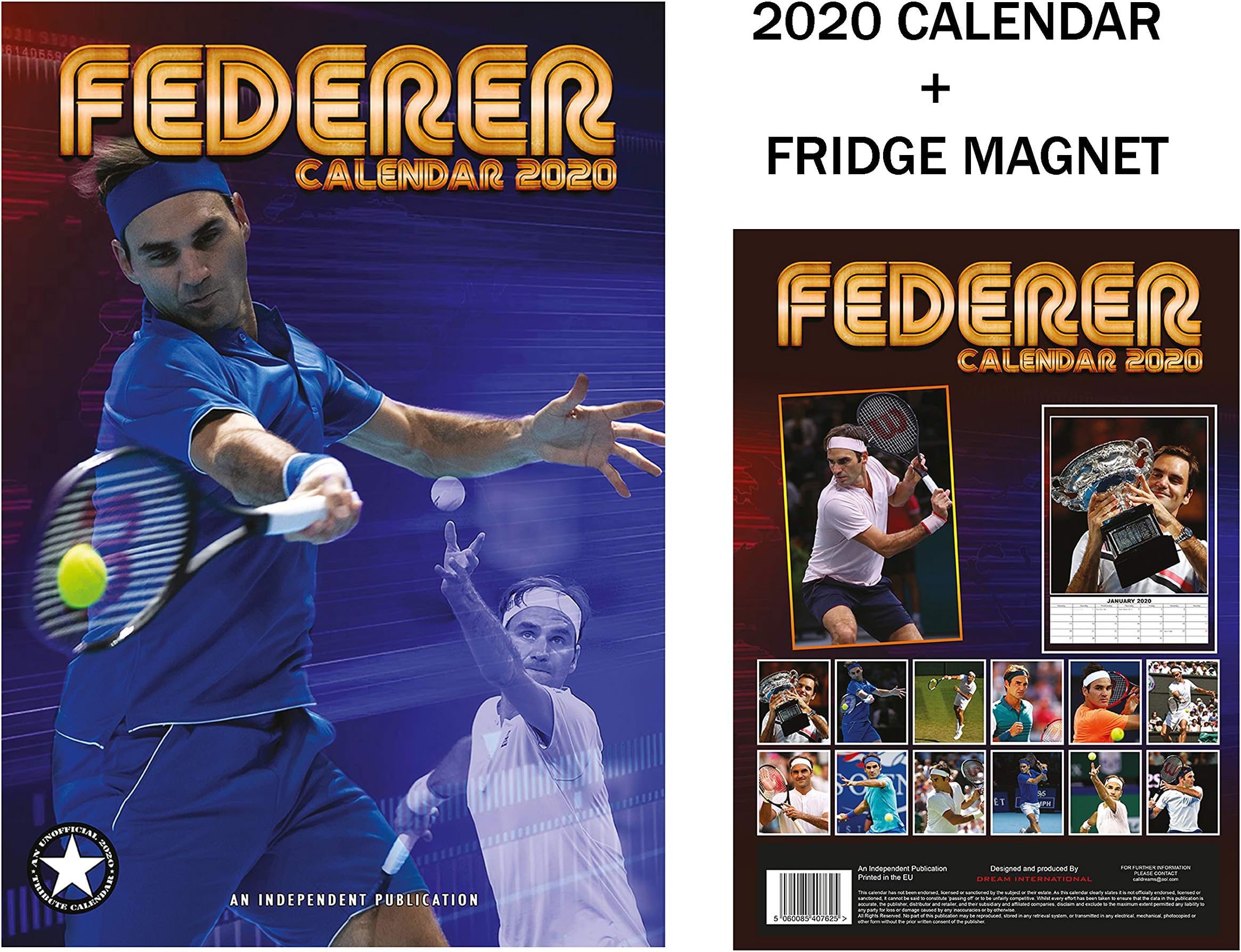 Roger Federer Calendar 2020 + Metal Machine Fridge Magnet