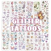 Keikihipa 30 Sheets Glitter Temporary Tattoo Kids Gift 300pcs+ Party Favors | Butterfly Mermaid Fairy Tattoo Stickers for Kids, Birthday Party Favors Goodie Bags Stuffers Party Supplies Holiday Gift