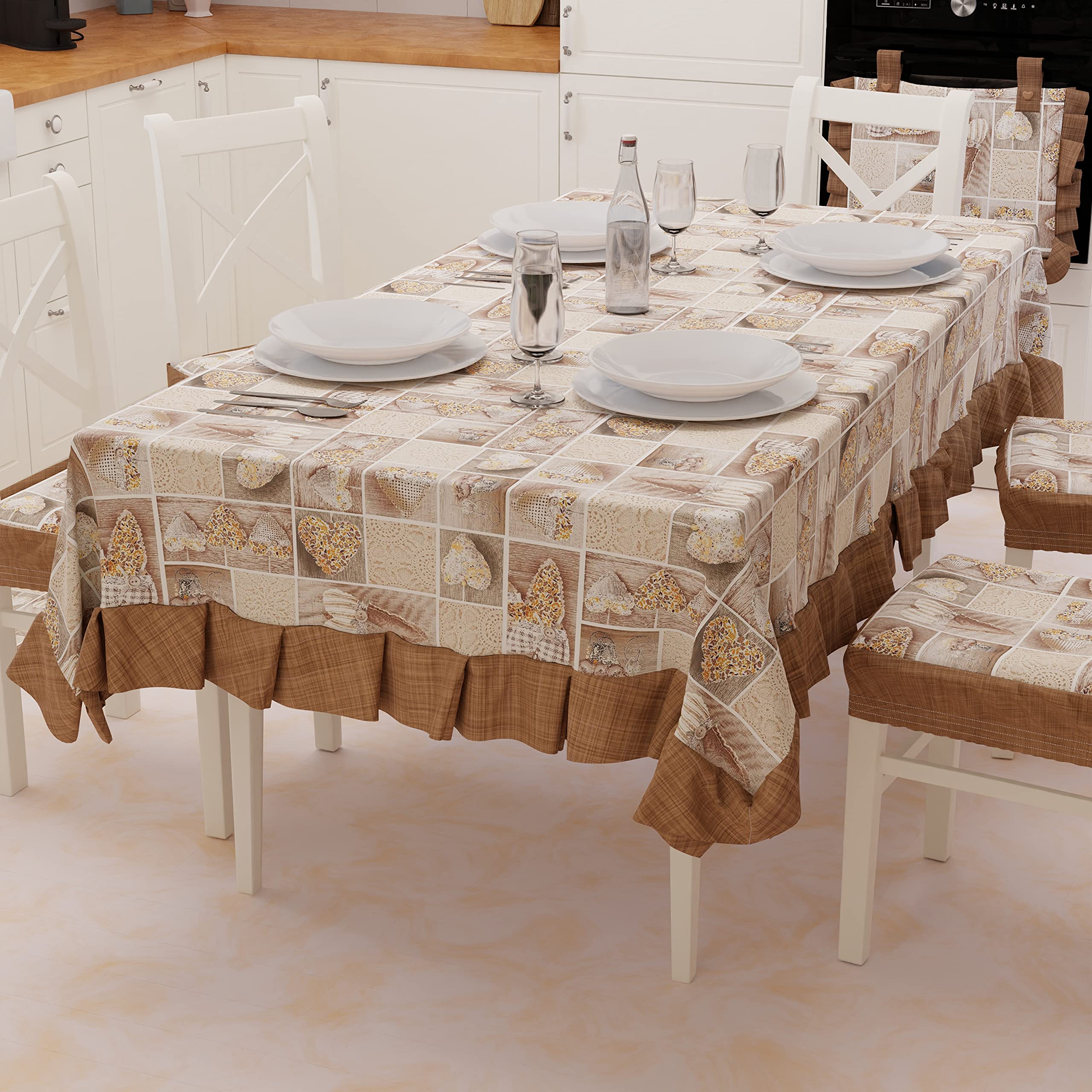 PETTI Artigiani Italiani - Tablecloth, Plastic Table Cover with Ruffles, Table Cover, Waterproof Outdoor Table Cover in Cotton Lidia Brown Design X12 Seats (140 x 240 cm) 100% Made in Italy