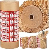 JARLINK Honeycomb Packing Paper, 15" x 400' Packing Wrap Roll for Shipping | Recyclable Honeycomb Packing Paper For Moving W/ Cushion Protection, Gift Wrapping Paper W/ 20 Fragile Sticker Labels