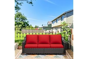 MeetLeisure 77'' Patio Sofa, All Weather Outdoor Rattan Wicker 3-Seat Sofa High Back Couch with Premium Cushions for Garden Backyard Porch(Brown/Red)