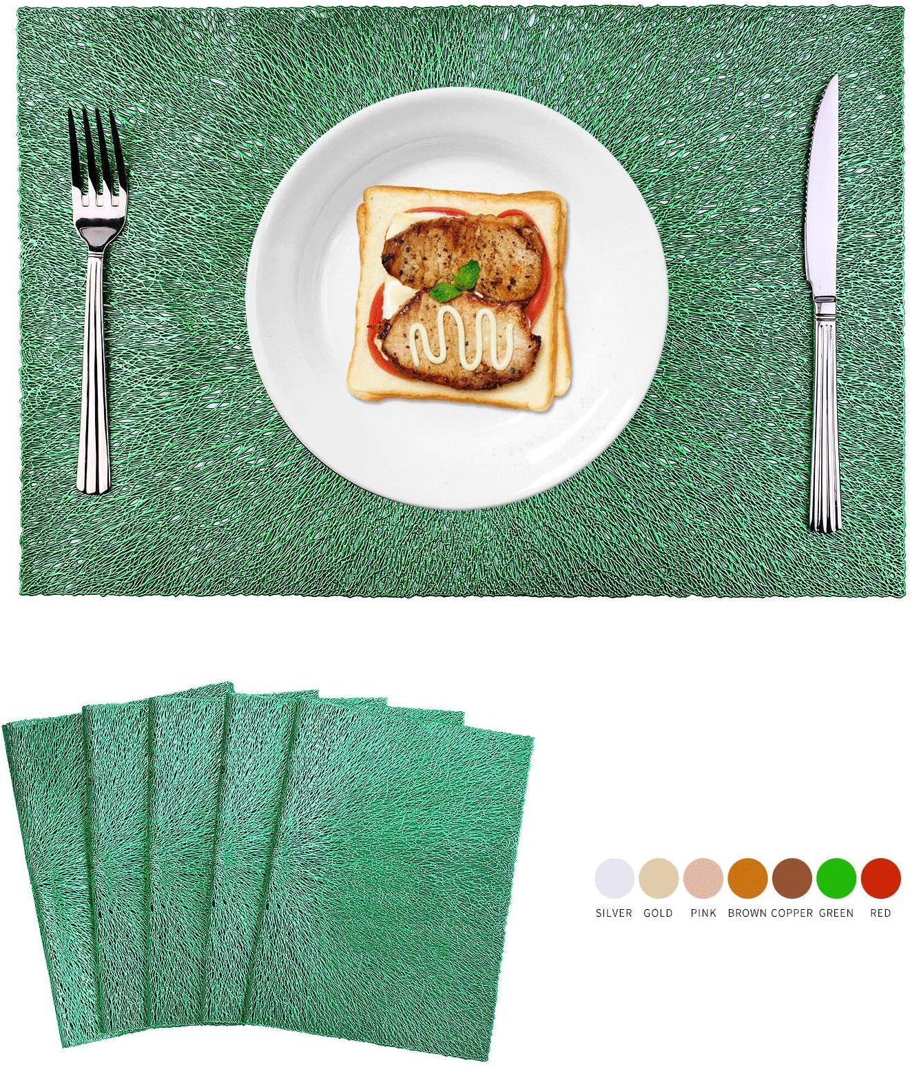 MEHUAN Placemats Heat Insulation Stain Resistant PVC Washable Non-Slip Kitchen Table Mats Placemat for Dining Table Set of 6 (Green)