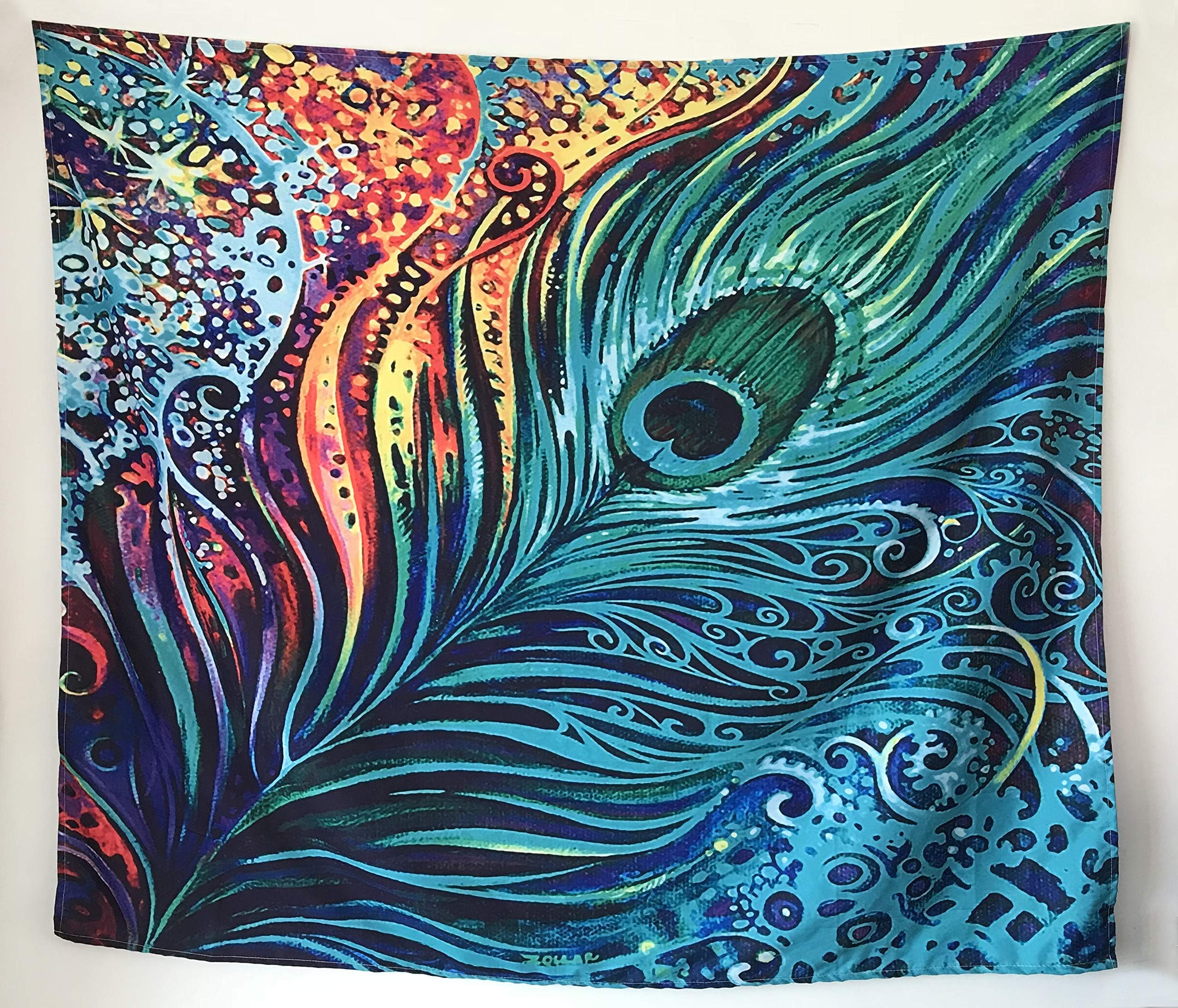 Mulzeart Colorful Peacock Feather Tapestry, Wall Hanging Psychedelic Tapestry for Bedroom Living Room Dorm (Colorful Peacock Feather, 70.8"X78.7")