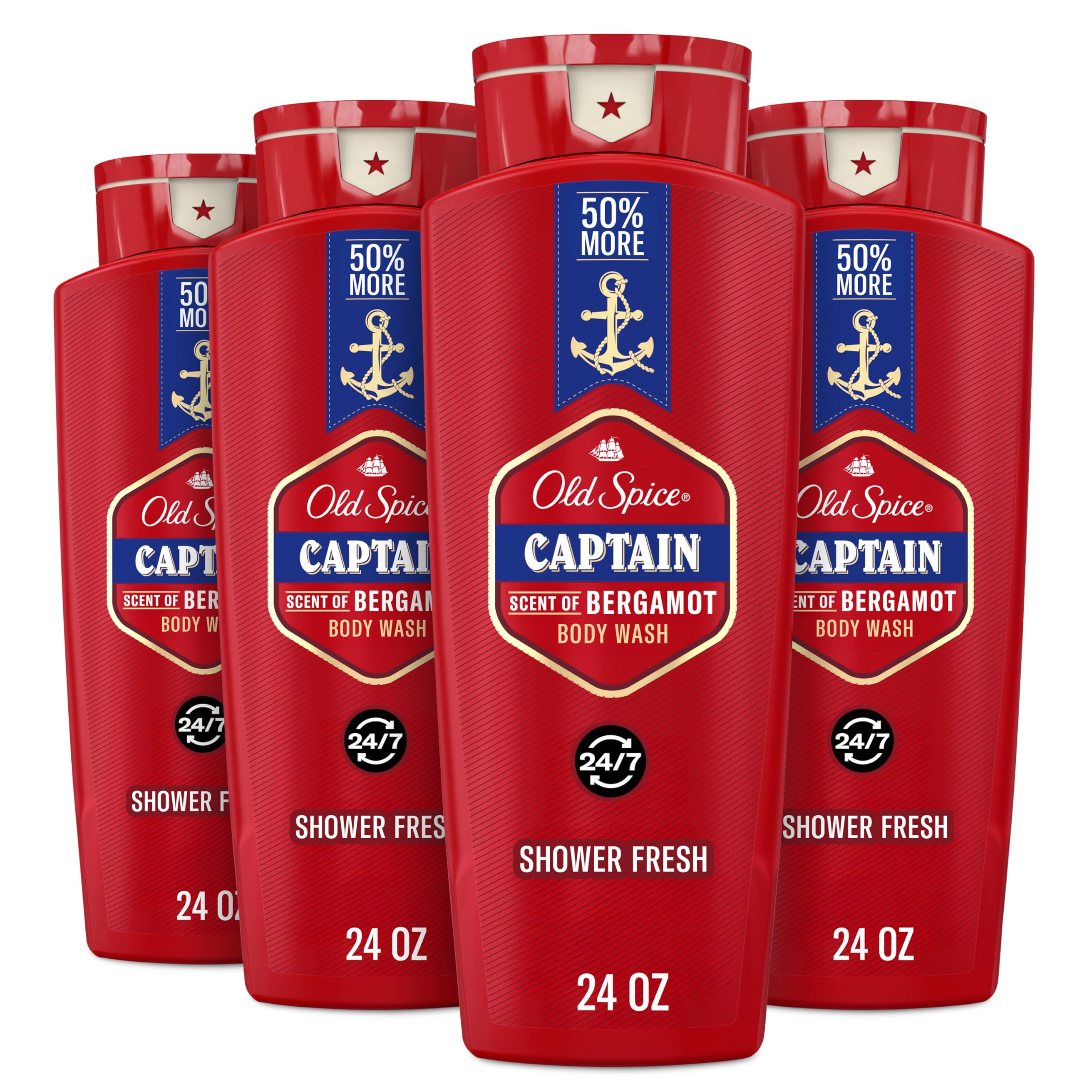 Photo 1 of Old Spice Refreshing Body Wash for Men, 3X Defense, 24/7 Shower Fresh with Long Lasting Scent, Red Collection, Captain with Bergamot Scent, 24 oz (Pack of 4)