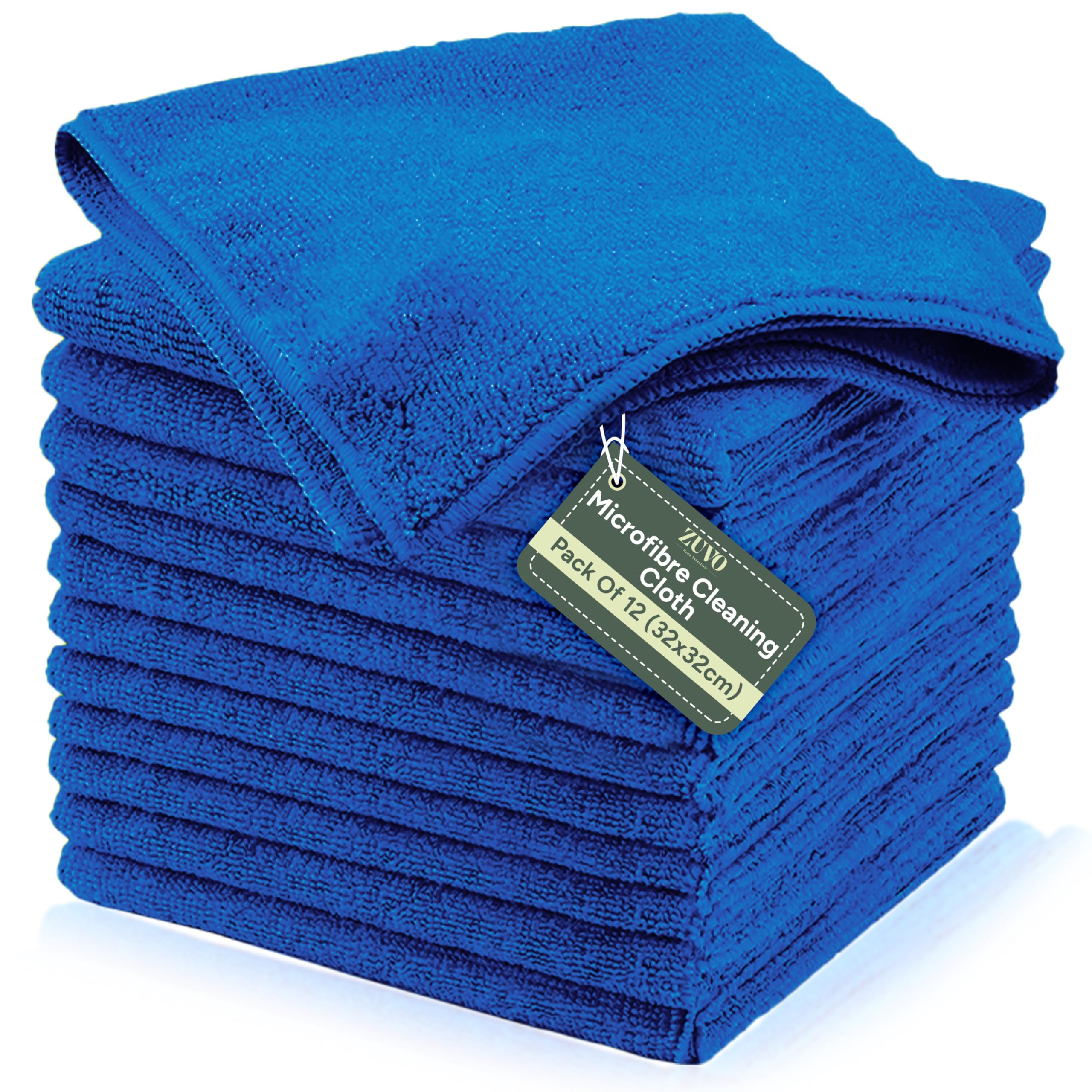 Zuvo Microfibre Cleaning Cloth 12 Pack - Lint-Free Car Cleaning Cloths for Paint, Glass & Interior | 32×32 cm, Blue