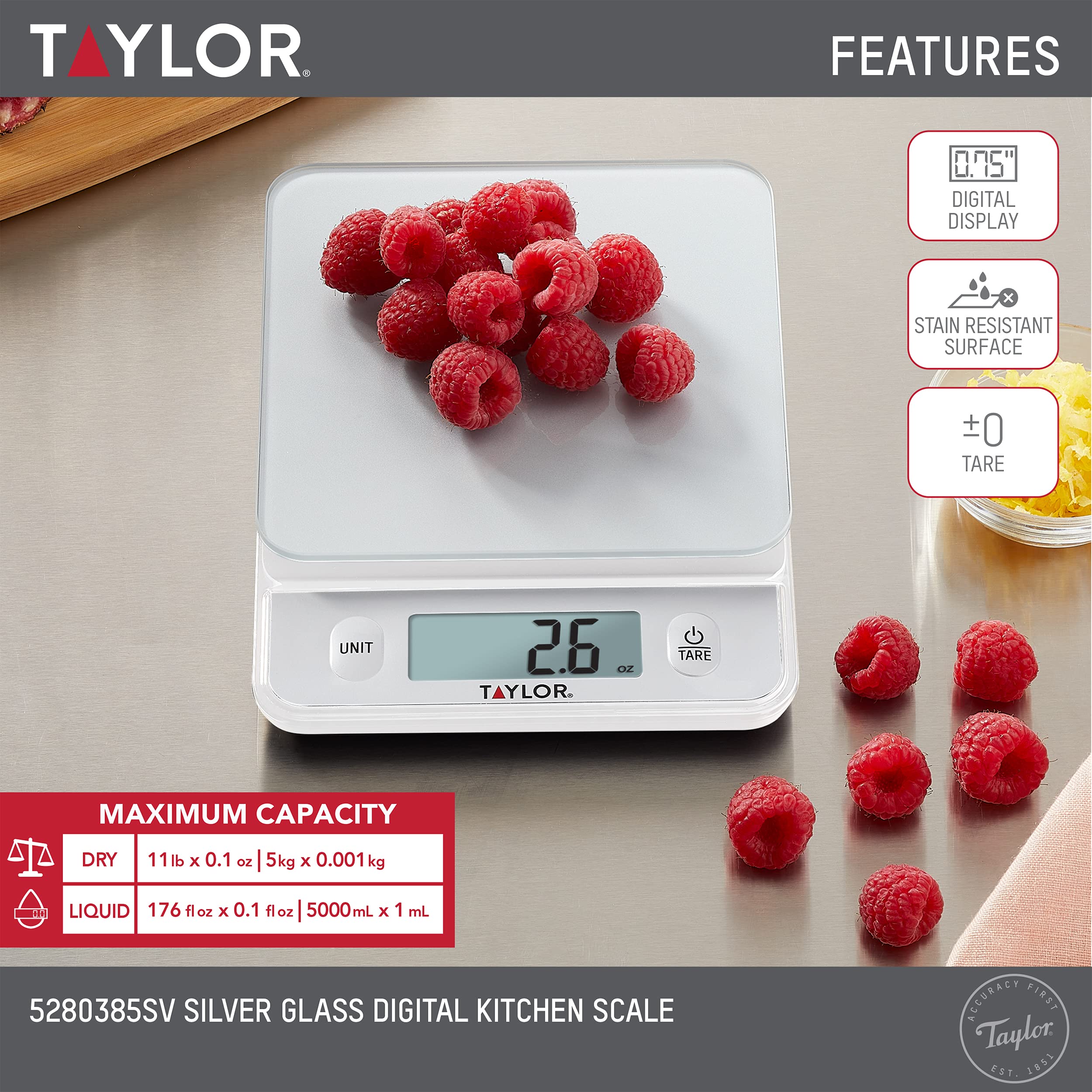 Taylor Glass Top Food Scale with Touch Controls, 11 lb Capacity, Sleek Silver Design, Accurate and Easy-to-Use Scale for Cooking and Baking