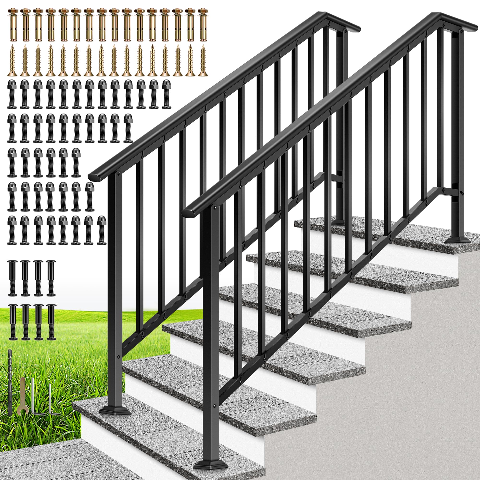 Photo 1 of **The description and photo are for reference only.***VIVOHOME 2-Pack 6 Step Galvanized Steel Hand Rails for Outdoor Steps – Black Oval and Safety Balusters Exterior Railing for Porch, Deck, or Indoor Stairs, Complete Installation Kit