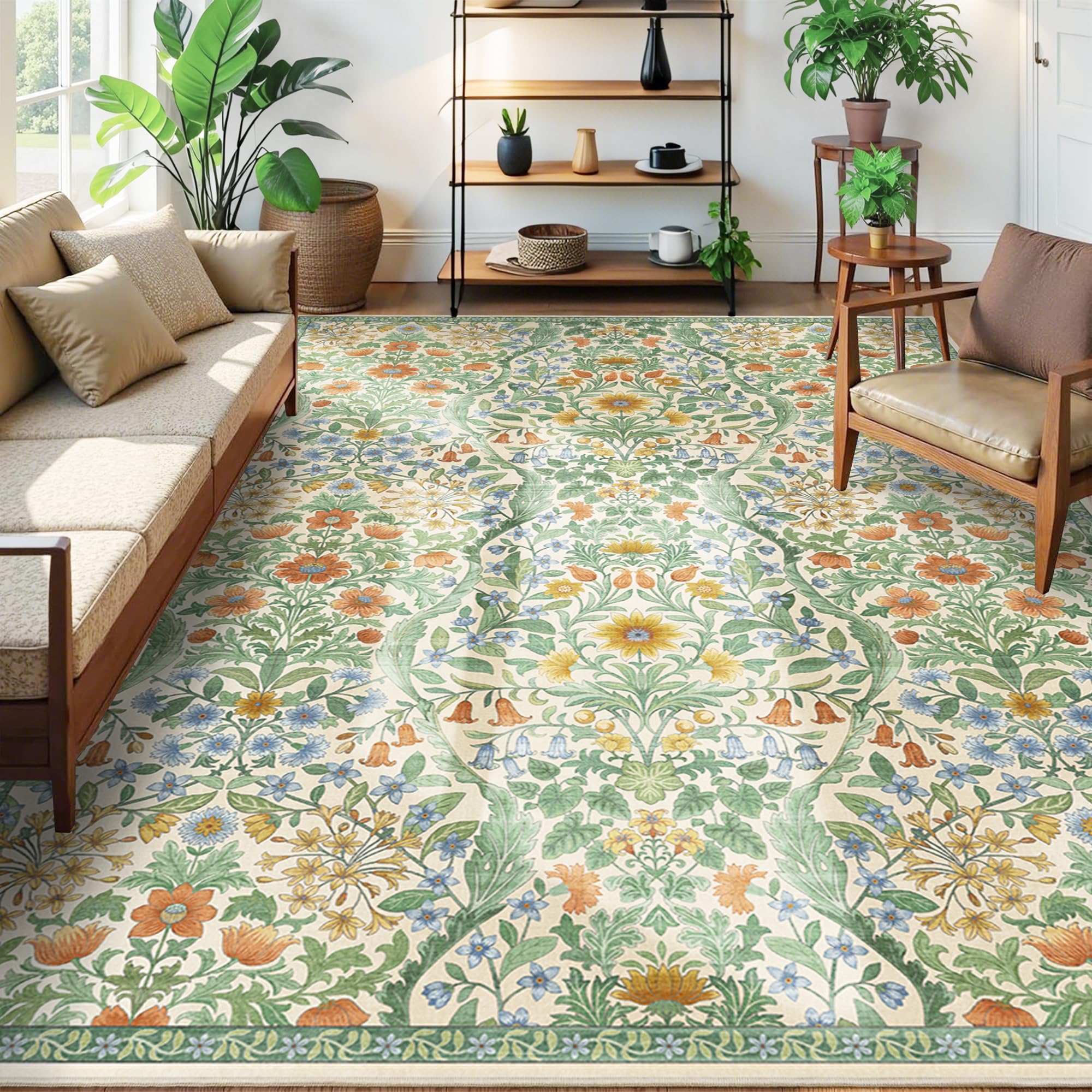 Photo 1 of 9x12 Green Vintage Floral Area Rug,Washable Large Boho Living Room Rugs,Botanical Print Non-Slip Stain Resistant Lightweight Carpet for Bedroom Dining Room Nursery