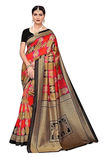 Womens Black Color Art Silk Printed Saree With Blouse Piece(KASHTI-BLACK_Free Size)