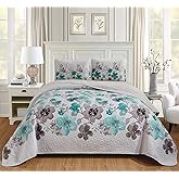 Luxury Home Collection 3 Piece Full/Queen Quilted Reversible Coverlet Bedspread Set Floral Printed Turquoise White Gray