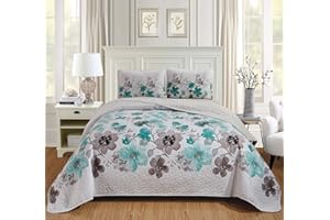 Kids Zone Home Linen Turquoise Lily 3pc Full/Queen Over Size Bedspread with Beautiful Turquoise Flowers Print.