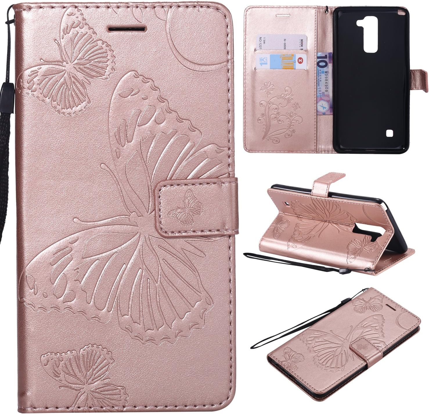 LG Stylo 2 Case,LG Stylo 2 Wallet Case,LG Stylo 2 Plus Case with Card Holders,Folio Flip PU Leather Butterfly Case Cover with Credit Card Slots Kickstand Phone Case for LG Stylus 2 Plus,Rose Gold