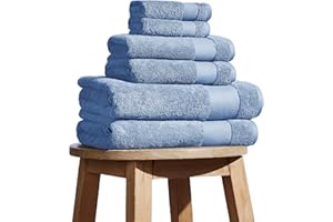 BIOWEAVES 100% Organic Cotton 700 GSM Plush 6-Piece Towel Set GOTS Certified, 2 Bath Towels, 2 Hand Towels & 2 Washcloths - Cerulean Blue