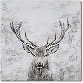 NdcSkyArt Stag Head Wall Art - Square Black and White Deer - Textured Background Wildlife Decor for Living Room, Bedroom, Office - Rustic Elegance Nature Inspired Home Decor